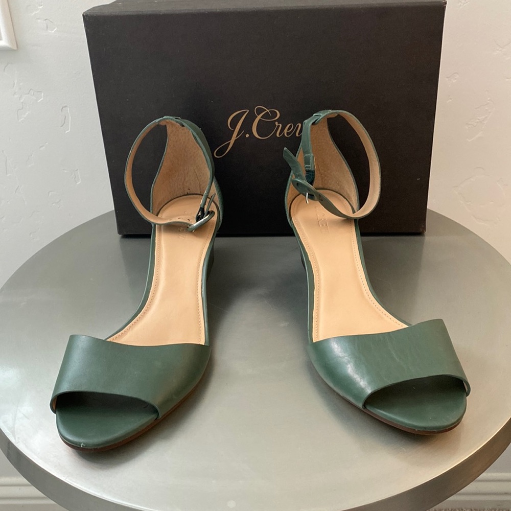 J.Crew Green Vachetta Laila Wedges. Size 10